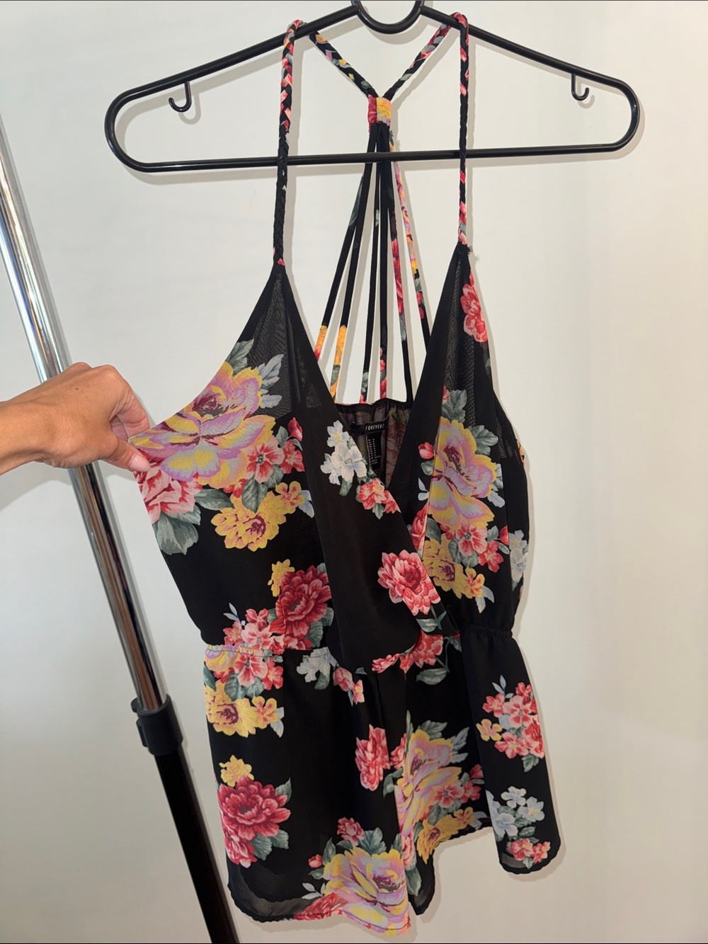 Black Floral Strappy Romper with Braided Back